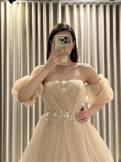 Gold Balon Kol Nişanlık Abiye Elbise | Kaleiçi Yıldızlar