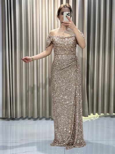 Gold Kayık Yaka Abiye Elbise | Kaleiçi Yıldızlar