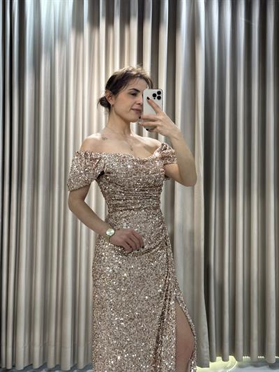 Gold Kayık Yaka Abiye Elbise | Kaleiçi Yıldızlar