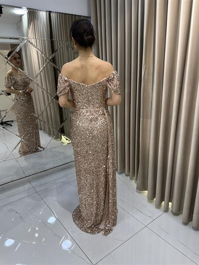Gold Kayık Yaka Abiye Elbise | Kaleiçi Yıldızlar