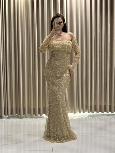 Gold Kayık Yaka Uzun Kollu Abiye Elbise | Kaleiçi Yıldızlar