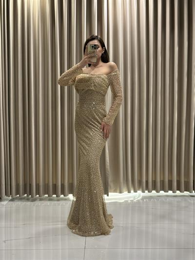 Gold Kayık Yaka Uzun Kollu Abiye Elbise | Kaleiçi Yıldızlar