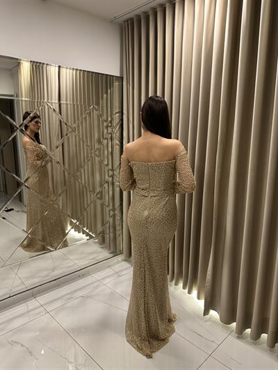 Gold Kayık Yaka Uzun Kollu Abiye Elbise | Kaleiçi Yıldızlar