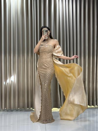 Gold Taş İşlemeli Abiye Elbise | Kaleiçi Yıldızlar
