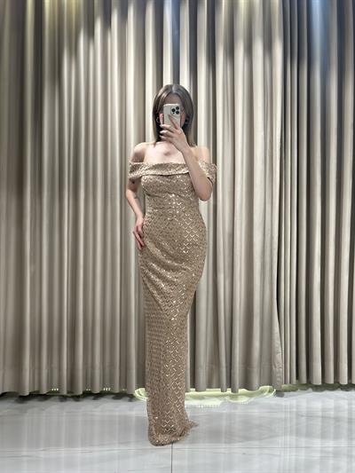 Gold Boncuk İşlemeli Kalem Abiye Elbise | Kaleiçi Yıldızlar