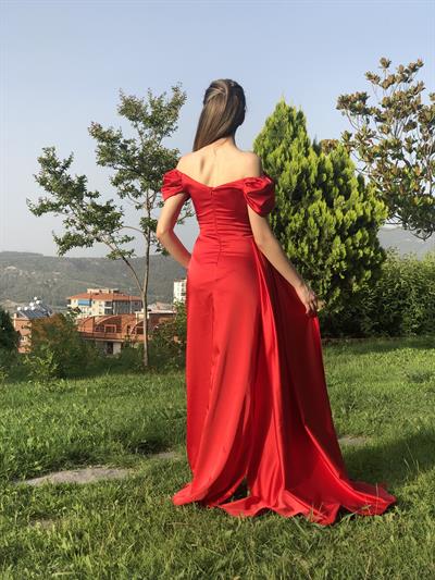 Kırmızı Kayık Yaka Uzun Abiye Elbise | Kaleiçi Yıldızlar