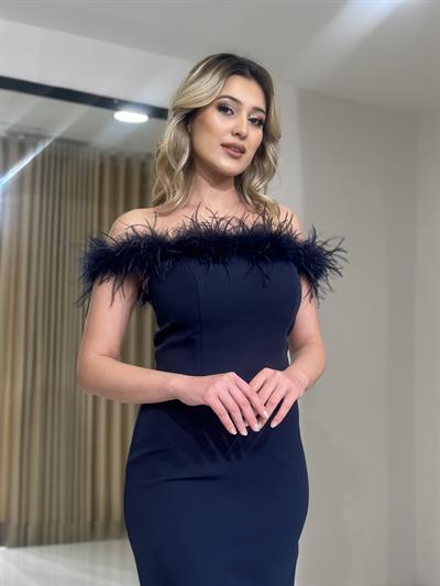 Lacivert Kayık Yaka Otrişli Midi Boy Abiye Elbise | Kaleiçi Yıldızlar