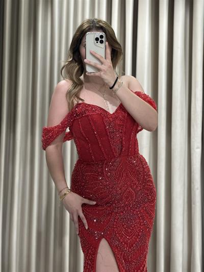 Kırmızı Çift Yaka Balık Model Taşlı Abiye Elbise | Kaleiçi Yıldızlar