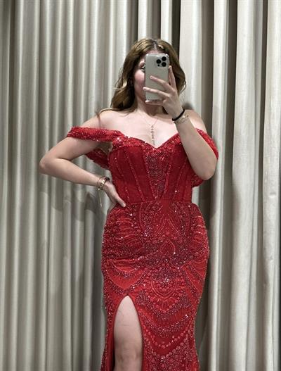 Kırmızı Çift Yaka Balık Model Taşlı Abiye Elbise | Kaleiçi Yıldızlar