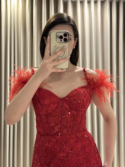 Kırmızı Otriş Detay Balık Abiye Elbise | Kaleiçi Yıldızlar
