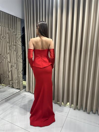 Kırmızı Staplez Eldivenli Balık Model Abiye Elbise | Kaleiçi Yıldızlar