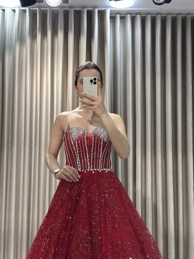 Kırmızı Taş İşlemeli Nişanlık Abiye Elbise | Kaleiçi Yıldızlar