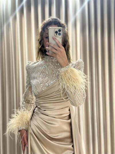 Krem Tasarım Tesettür Abiye Tesettür Abiye Elbise | Kaleiçi Yıldızlar