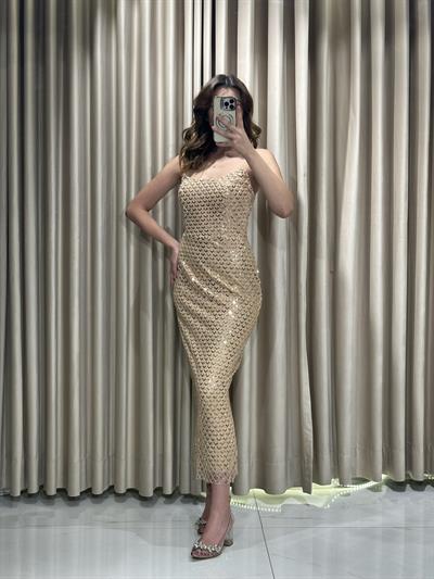 Gold Kristal İşlemeli Midi Boy Slikon Askılı Abiye Elbise | Kaleiçi Yıldızlar