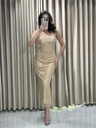 Gold Kristal İşlemeli Midi Boy Slikon Askılı Abiye Elbise | Kaleiçi Yıldızlar