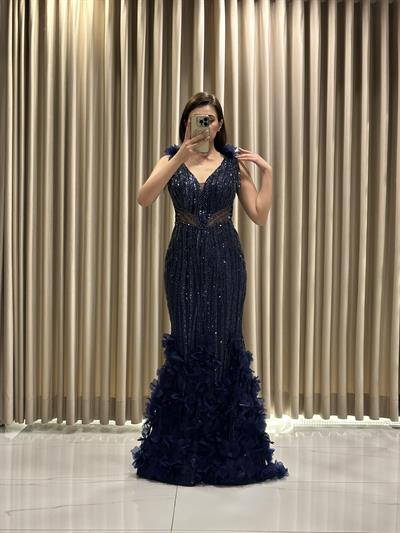 Lacivert Boyutlu V Yaka Balık Model Abiye Elbise | Kaleiçi Yıldızlar
