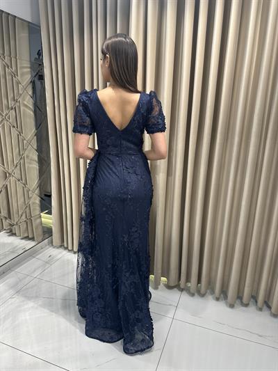 Lacivert Dantel Desen Yeni sezon Kısa Kol Abiye Elbise | Kaleiçi Yıldızlar