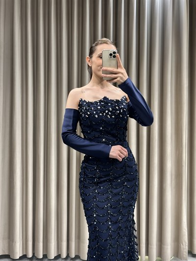 Lacivert Göğüs Taş İşlemeli Korse Detay Balık Model Abiye Elbise | Kaleiçi Yıldızlar