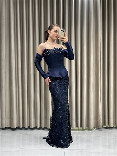 Lacivert Göğüs Taş İşlemeli Korse Detay Balık Model Abiye Elbise | Kaleiçi Yıldızlar