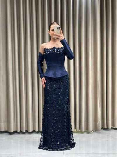 Lacivert Göğüs Taş İşlemeli Korse Detay Balık Model Abiye Elbise | Kaleiçi Yıldızlar