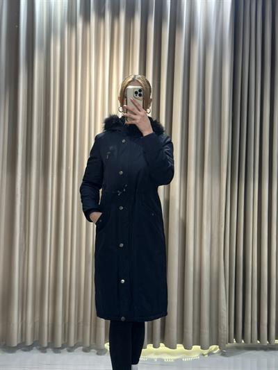 Lacivert Kürk Kapşonlu Kaban Mont 447 | Kaleiçi Yıldızlar