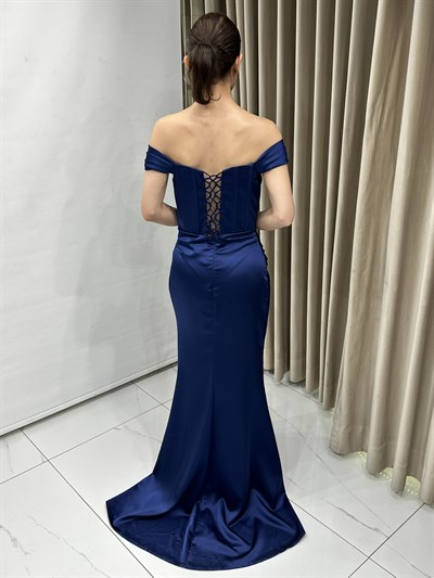 Lacivert Madonna Yaka Korse Detay Balık Model Abiye Elbise | Kaleiçi Yıldızlar