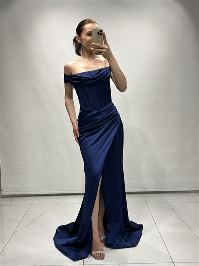 Lacivert Madonna Yaka Korse Detay Balık Model Abiye Elbise | Kaleiçi Yıldızlar