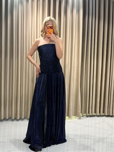Lacivert Sedef Kumaş Straplez Balık Model Abiye Elbise | Kaleiçi Yıldızlar