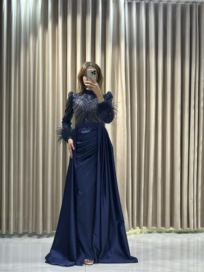 Lacivert Taş İşlemeli Tesettür Abiye Tesettür Abiye Elbise | Kaleiçi Yıldızlar