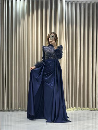 Lacivert Taş İşlemeli Tesettür Abiye Tesettür Abiye Elbise | Kaleiçi Yıldızlar