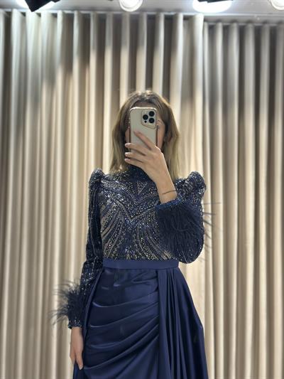 Lacivert Taş İşlemeli Tesettür Abiye Tesettür Abiye Elbise | Kaleiçi Yıldızlar