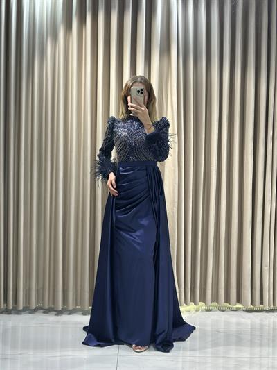 Lacivert Taş İşlemeli Tesettür Abiye Tesettür Abiye Elbise | Kaleiçi Yıldızlar