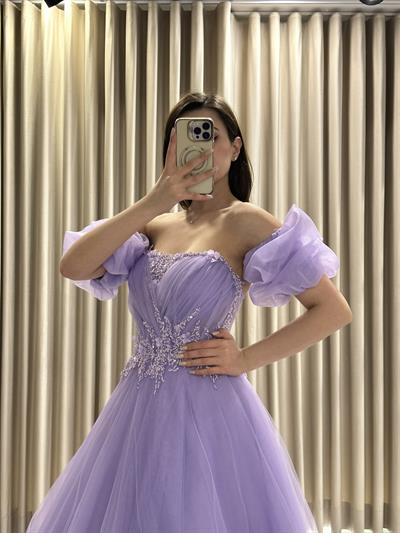 Lila Balon Kol Nişanlık Abiye Elbise | Kaleiçi Yıldızlar