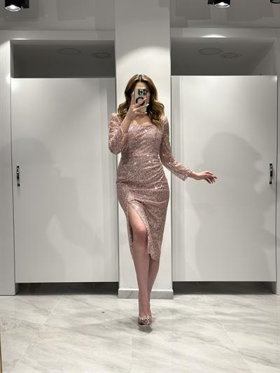Pudra Midi Boy Kare Yaka Uzun Kollu Pul Payet İşlemeli Abiye Elbise | Kaleiçi Yıldızlar
