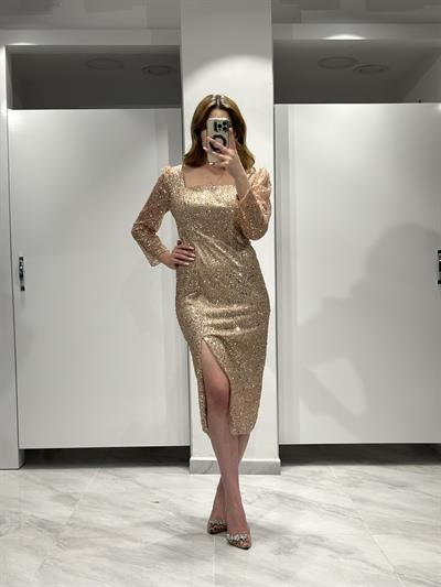 Gold Midi Boy Kare Yaka Uzun Kollu Pul Payet İşlemeli Abiye Elbise | Kaleiçi Yıldızlar