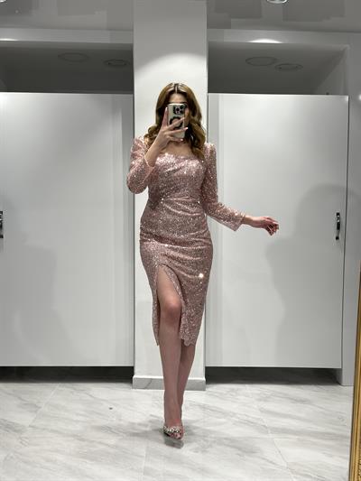 Pudra Midi Boy Kare Yaka Uzun Kollu Pul Payet İşlemeli Abiye Elbise | Kaleiçi Yıldızlar