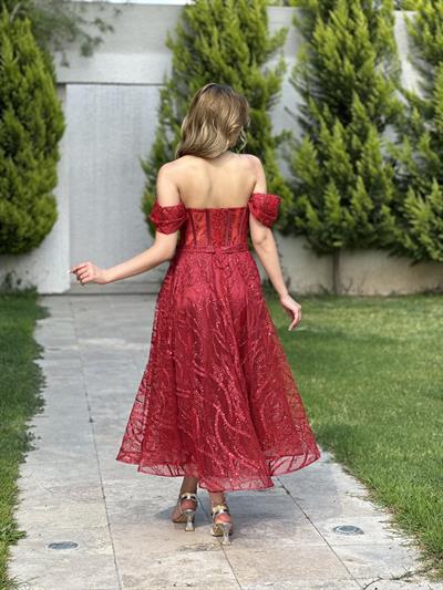 Kırmızı Midi Boy Önü Transparan Sim Pul İşlemeli Kayık Yaka Abiye Elbise | Kaleiçi Yıldızlar