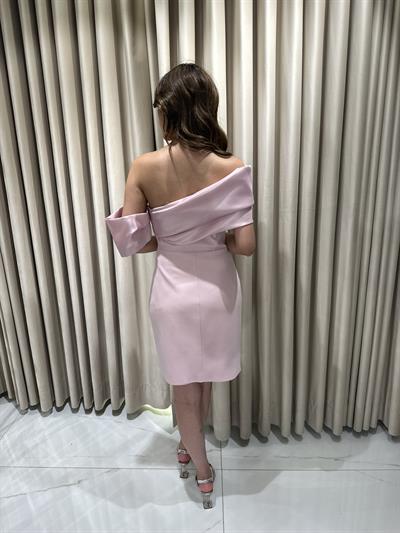 Pudra Mini Boy Balon Kol Detaylı Önü Detaylı Abiye Elbise | Kaleiçi Yıldızlar