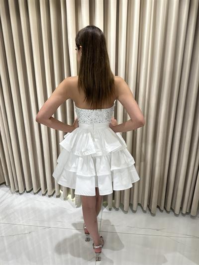 Beyaz Mini Boy Eteği Fırfırlı Üstü Taş İşlemeli Abiye Elbise | Kaleiçi Yıldızlar