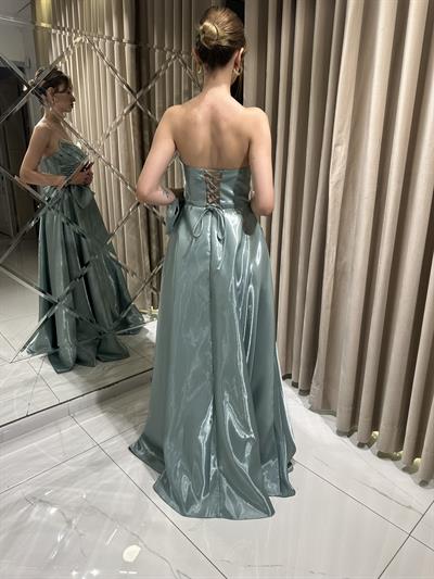 Mint Yeşili V Yaka Taş İşlemeli Saten Abiye Elbise | Kaleiçi Yıldızlar