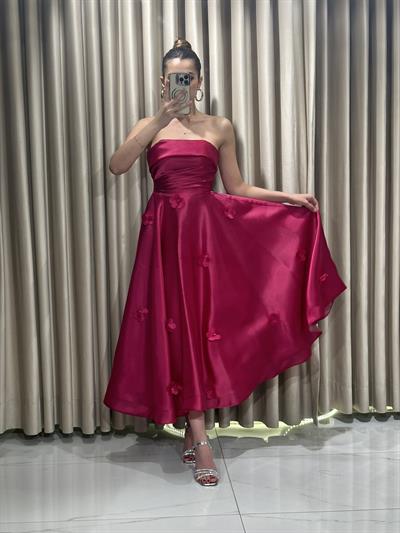 Fuşya Önü Drapeli Uçuş Model Eteği Çiçek Detaylı Prenses Model Abiye Elbise | Kaleiçi Yıldızlar