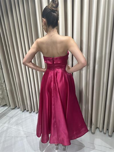 Fuşya Önü Drapeli Uçuş Model Eteği Çiçek Detaylı Prenses Model Abiye Elbise | Kaleiçi Yıldızlar