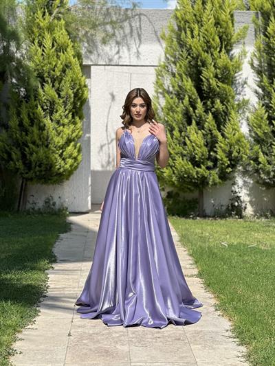 Lavanta Önü Transparan Kemer Detaylı Prenses Abiye Elbise | Kaleiçi Yıldızlar