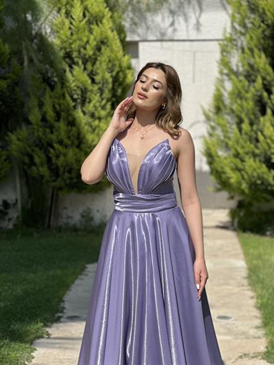 Lavanta Önü Transparan Kemer Detaylı Prenses Abiye Elbise | Kaleiçi Yıldızlar