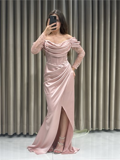 Pudra Dantel Kol Balık Model Abiye Elbise | Kaleiçi Yıldızlar