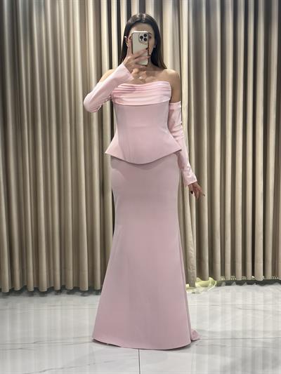 Pudra Staplez Eldivenli Balık Model Abiye Elbise | Kaleiçi Yıldızlar