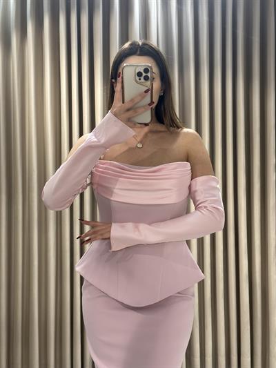 Pudra Staplez Eldivenli Balık Model Abiye Elbise | Kaleiçi Yıldızlar