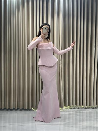 Pudra Staplez Eldivenli Balık Model Abiye Elbise | Kaleiçi Yıldızlar