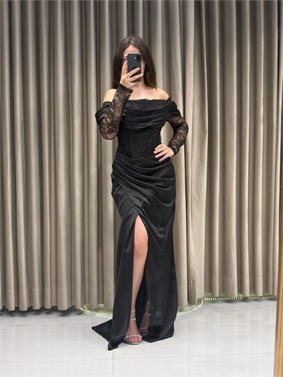 Siyah Dantel Kol Balık Model Abiye Elbise | Kaleiçi Yıldızlar