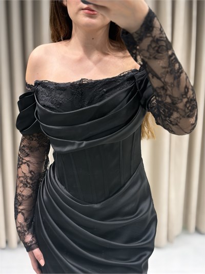 Siyah Dantel Kol Balık Model Abiye Elbise | Kaleiçi Yıldızlar